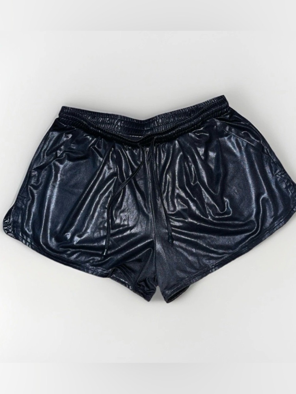 Women Black Shiny Metallic Mini Shorts Medium Elastic Waist